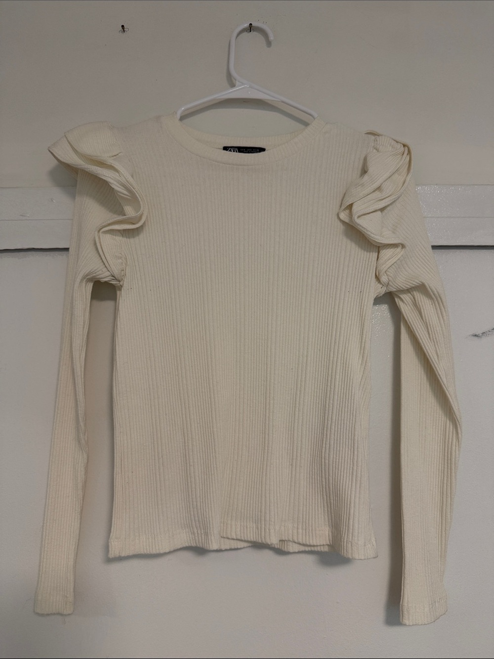 Zara Ruffled Shoulder Ribbed Long Sleeve Top - Cream